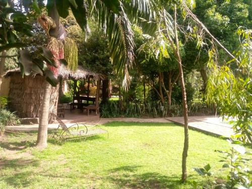 a garden with a gazebo and a palm tree at Karibu Heritage House in Arusha