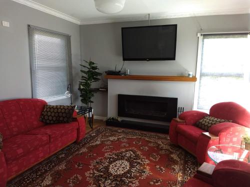 a living room with two red couches and a fireplace at Gladstone gem - Gateway to the Bays North East Tasmania in Gladstone