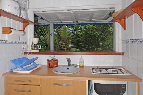 a kitchen with a sink and a window at Gite le colibri Bungalow Azur avec réserve d'eau in Saint-François