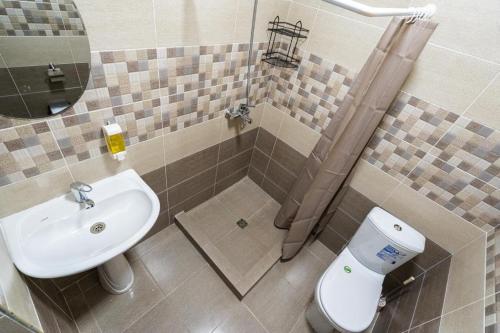 a bathroom with a toilet and a sink at Muras Hotel Karakol in Karakol