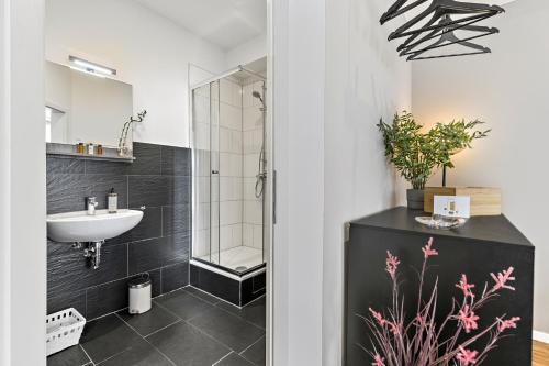une salle de bain avec lavabo et douche dans l'établissement LUXOMES - Modern Design Apartments - Ingolstadt Central, à Ingolstadt
