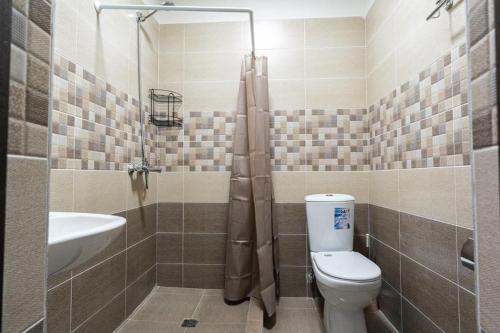 a bathroom with a toilet and a sink and a shower at Muras Hotel Karakol in Karakol
