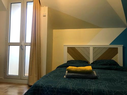 1 dormitorio con cama y ventana grande en Singes de la sagesse, en Saint-Denis