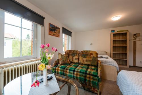 a living room with a chair and a glass table at Penzion 103 in Železná Ruda