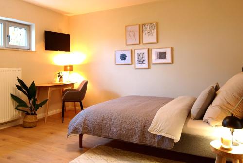 a bedroom with a bed and a table and a desk at Apartmenthaus Schön in Bad Neustadt an der Saale