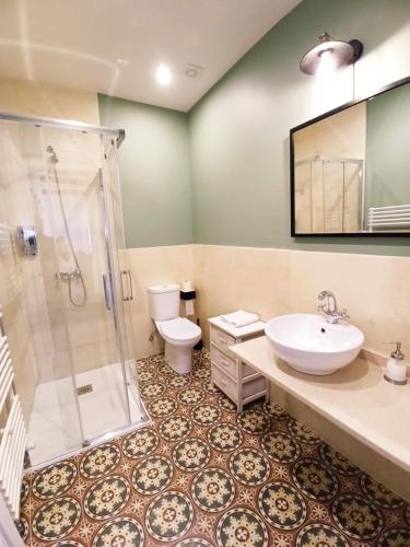a bathroom with a sink and a shower and a toilet at Apartamentos Minas de Silvarosa in Viveiro