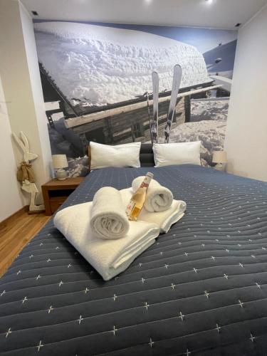 a bed with towels and skis on top of it at SPA Apartament Jenny Ski&Fun&Bike Szkolna ładowarka E-bike piękny widok na Skrzyczne i skocznię "Skalite" in Szczyrk