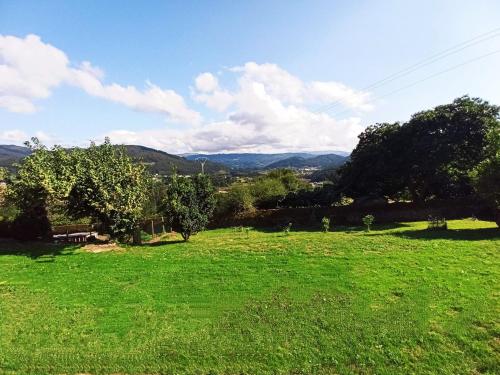 a field of green grass with mountains in the background at Apartamentos Minas de Silvarosa in Viveiro