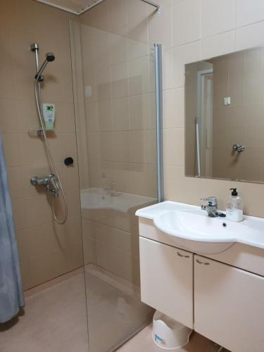 ein Bad mit einem Waschbecken und einer Dusche mit einem Spiegel in der Unterkunft Jääskän Loma Ratatie 3 asunto 5 in Kauhava
