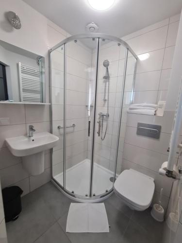 a bathroom with a shower and a toilet and a sink at Willa Czarnieckiego in Warka