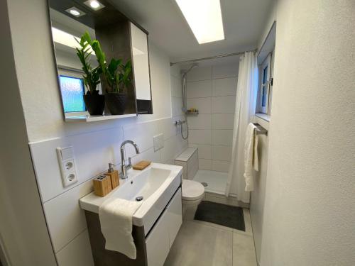 a white bathroom with a sink and a toilet at ☆FEWO ALTES KINO - MODERN - QUIET - 65M² - TV - NETFLIX - WLAN☆ in Momlingen