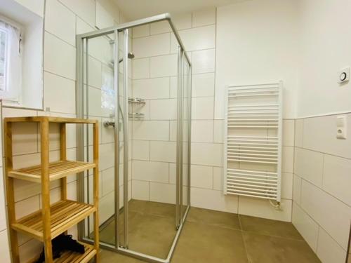 德哥米斯的住宿－Wildbach Chalet Turrach，一间位于客房内的玻璃淋浴间的浴室