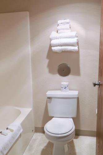 a bathroom with a toilet and a sink and towels at Heritage Inn in Wahoo