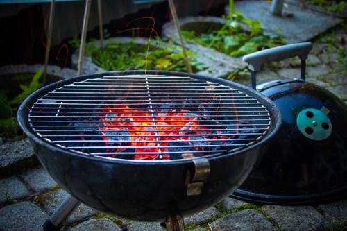 a grill with a fire in it next to a pot at Chalet Aargovia in Wengen