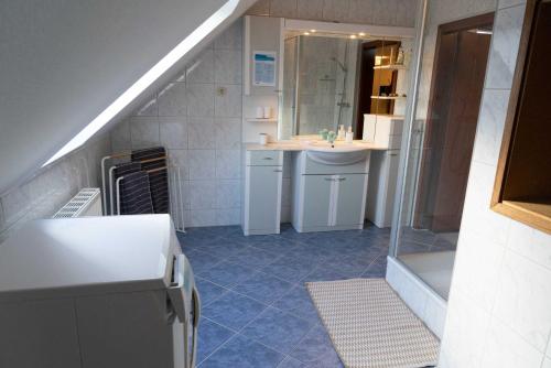 a bathroom with a sink and a shower at Ferienwohnung Inspiratie in Steinbergkirche