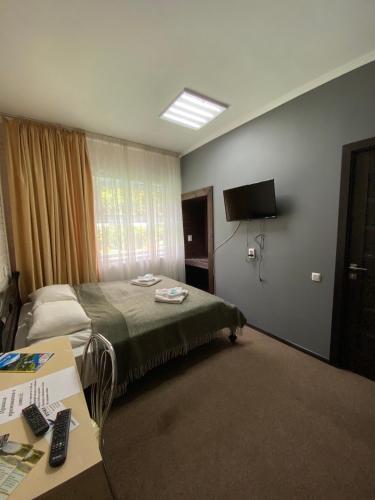 a hotel room with a bed and a desk and a television at Guest house Shulc in Mizhhirʼʼya