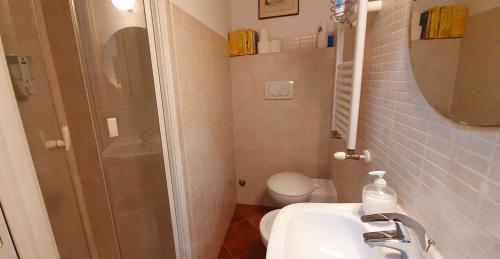 a bathroom with a sink and a shower and a toilet at Appartamento La Chicca in Sermoneta