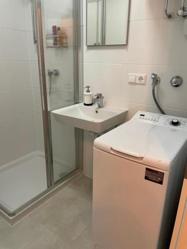 a bathroom with a sink and a shower and a refrigerator at Zentrum & Parkmöglichkeit Apartment in Graz