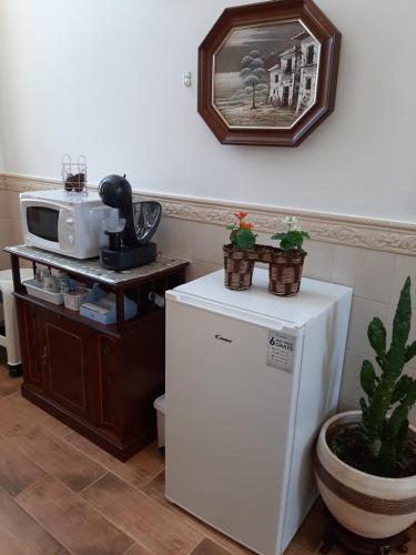 uma cozinha com um frigorífico branco e um micro-ondas em MARIA INÊS HOUSE em Nazaré