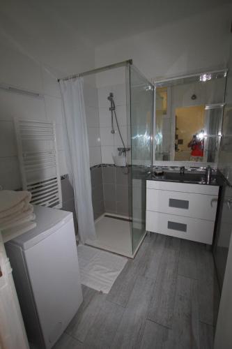 une salle de bain avec douche et lavabo dans l'établissement T2 entièrement équipé, proche toutes commodités, à Nice