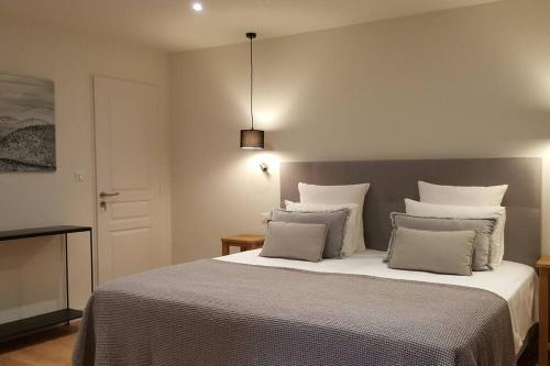 ein Schlafzimmer mit einem großen Bett mit zwei Kissen in der Unterkunft La Maison de l'Ecu : charme et vue incroyable in Beaune