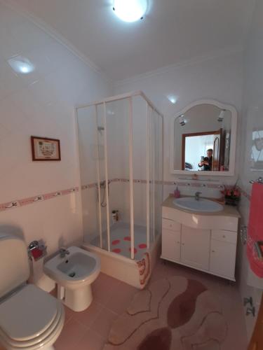 a bathroom with a toilet and a sink and a mirror at MARIA INÊS HOUSE in Nazaré