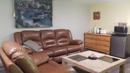 Sala de estar con sofá de cuero marrón y mesa de centro en Sacred Pilgrimage Studio, en Metchosin