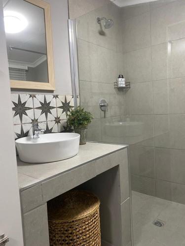 uma casa de banho com um lavatório, um espelho e um chuveiro em Rest at Lieben em Bloemfontein