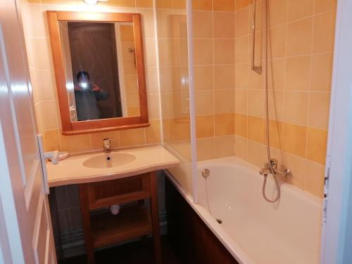 un bagno con lavandino, doccia e specchio di Résidence du Lac-MONFLANQUIN Appartement RDC a Monflanquin