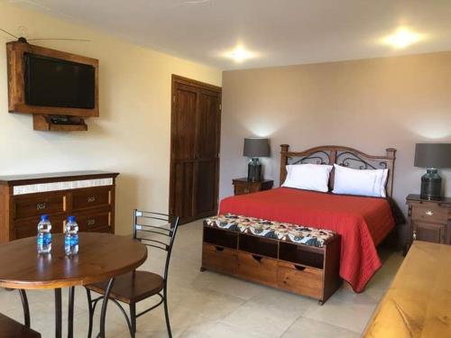 a bedroom with a bed and a table and a tv at HOTEL XIADANI Restaurante, Temazcal & Spa in Tlaxcala de Xicohténcatl