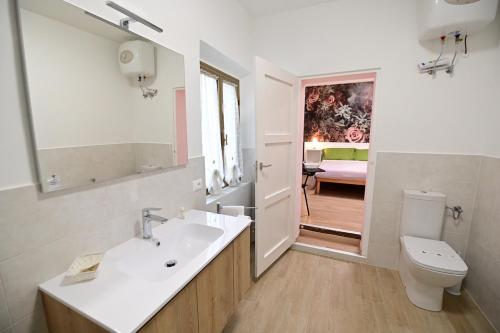 ein Bad mit einem Waschbecken und einem WC in der Unterkunft La casa di Odessa in Arcevia