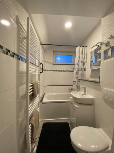 a bathroom with a toilet and a sink and a tub at ferienwohnungen.ruhla in Ruhla