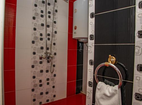 a bathroom with a shower with a white shower curtain at Vilhelmov’s apartament in Lukovit