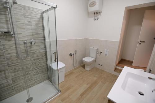 a bathroom with a shower and a toilet and a sink at La casa di Odessa in Arcevia