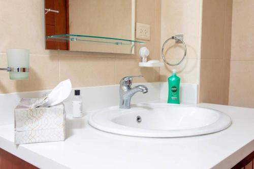 a bathroom sink with a green soap dispenser on it at Maravilloso Apto en Santo Domingo in Santo Domingo