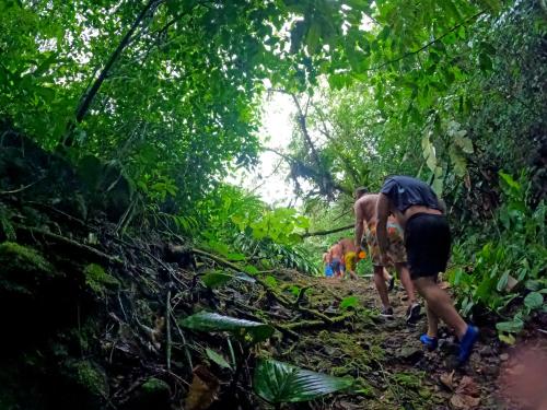 a group of people walking down a trail in the jungle at Termales el Escondite in Florencia
