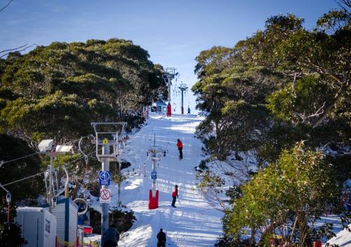 a group of people skiing down a snow covered slope at Altitude Apartment 1 in Baw Baw Village