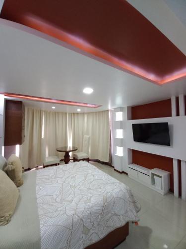 a bedroom with a large bed and a flat screen tv at La Aurora Hotel Like Home in Huamantla