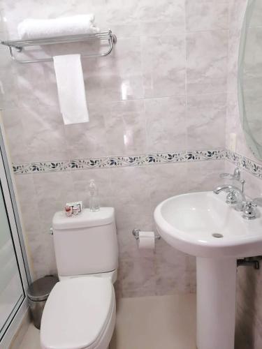a white bathroom with a toilet and a sink at La Aurora Hotel Like Home in Huamantla