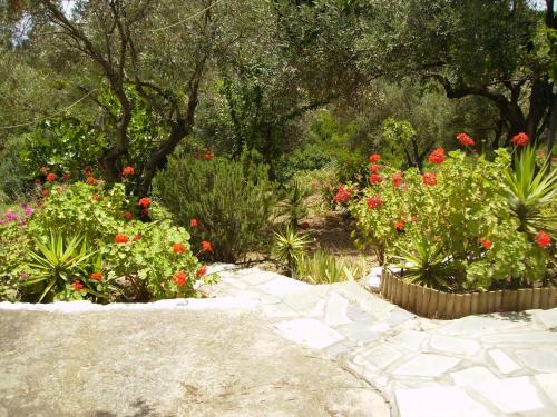 a garden with flowers and trees and a stone path at Anemos Studios in Vassilias