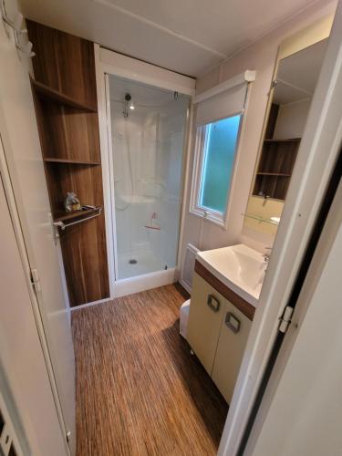 a bathroom with a shower and a sink at Camping Le Brochet in Péronne