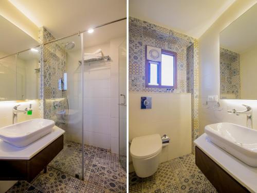 De Amour - A Dreamy Getaway in Anjuna في أنجونا: صورتين لحمام مع مرحاض ودش