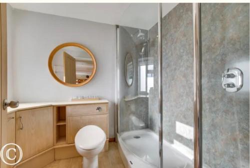 a bathroom with a tub and a toilet and a shower at The Barn at Well Cottage in Bude