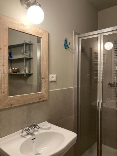 a bathroom with a sink and a shower at La Corte Nascosta Volpedo in Volpedo