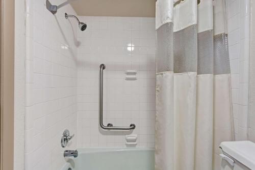 a bathroom with a shower with a shower curtain at Travelodge by Wyndham Williamsburg Colonial Area in Williamsburg
