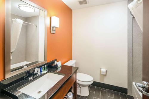 a bathroom with a sink and a toilet and a mirror at Sleep Inn & Suites Hurricane Zion Park Area in Hurricane