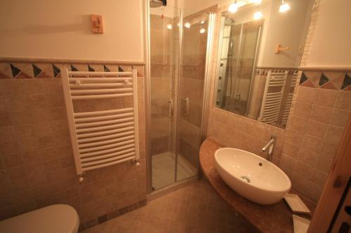a bathroom with a toilet and a sink and a shower at Chalet Pian in Campitello di Fassa