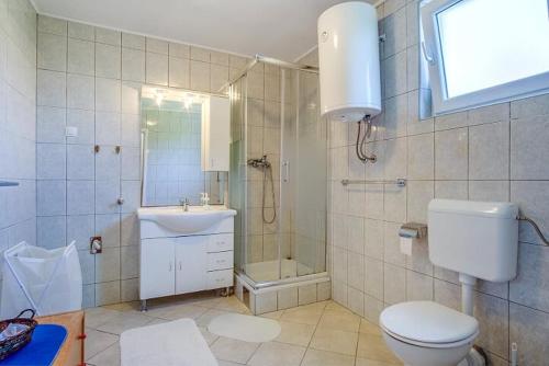 e bagno con servizi igienici, doccia e lavandino. di Apartman Merula a Mali Lošinj (Lussinpiccolo)