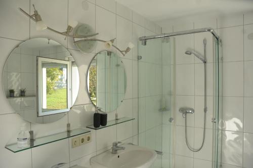 y baño con lavabo, ducha y espejo. en La Gelataia, en Münstertal