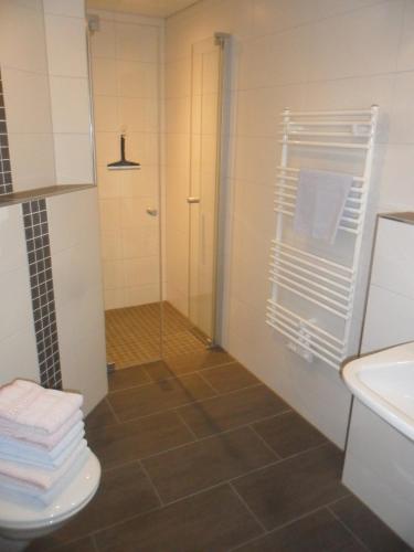 a bathroom with a shower and a toilet and a sink at Berggasthof Pechhäusl in Berchtesgaden